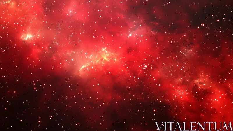 Red nebula space field with glowing stars and dust clouds