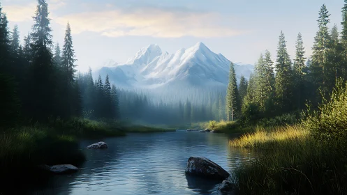 Snowy mountain above forest river in soft morning light.