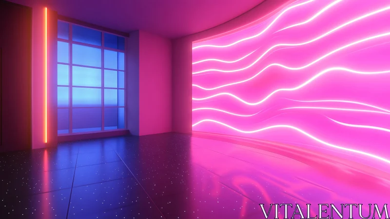 Neon illuminated interior corridor with curved light wall.