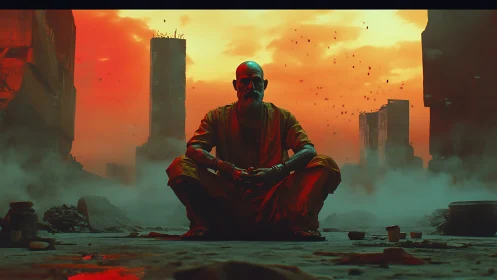 Meditative monk in apocalyptic ruins under burning sky.