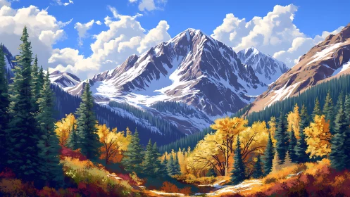 Golden autumn valley cradled by bright snow peaks.