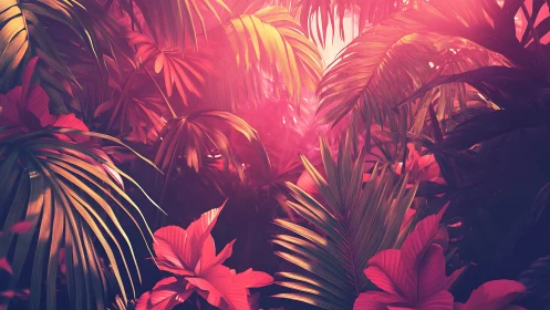 Neon pink tropical jungle foliage under glowing sunset light.