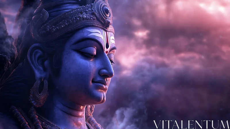 Serene blue deity face rests against glowing cosmic clouds