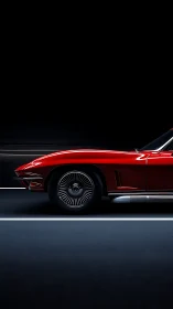 Red classic sports coupe profile glides through dark studio