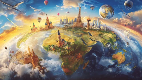 Global landmarks and transport over stylized curved Earth.