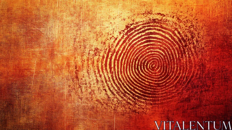 Grunge style circular fingerprint on textured red background.