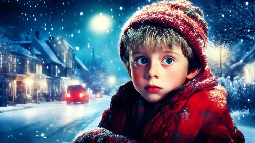 Wide-eyed child in snowlit street, high-contrast winter portrait