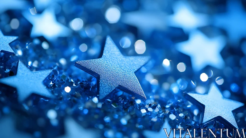 Blue metallic star confetti rests on glittering crystal bed