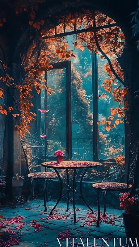 Enchanted garden terrace with wrought iron café seating.