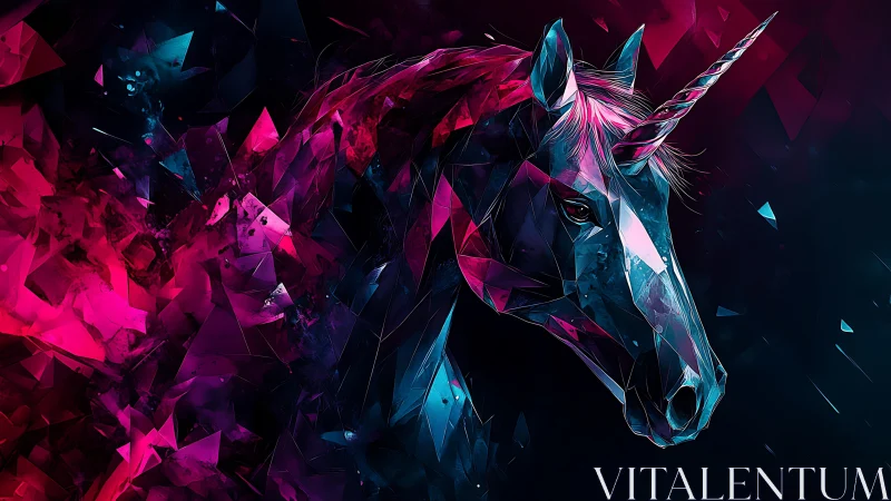 Prismatic low poly neon unicorn bust in cyan magenta shards.