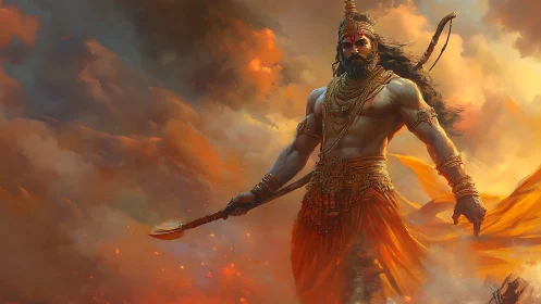 Warrior deity strides through burning storm clouds with axe.