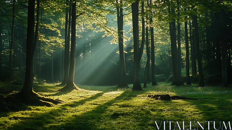 Peaceful sunlit forest with tall trees and soft green moss, natural style.