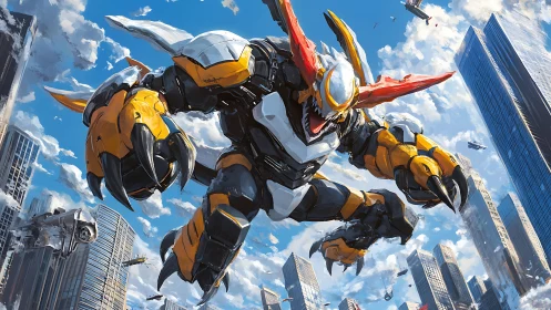 Colossal robot creature leaping playfully above the city.