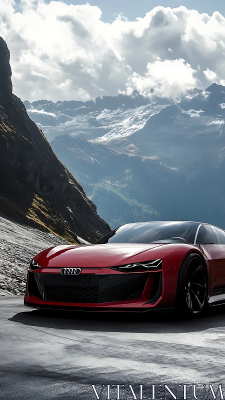 Red performance coupe on alpine pass under dramatic clouds.
