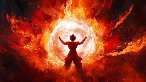 Fiery anime warrior channels colossal cosmic energy sphere.