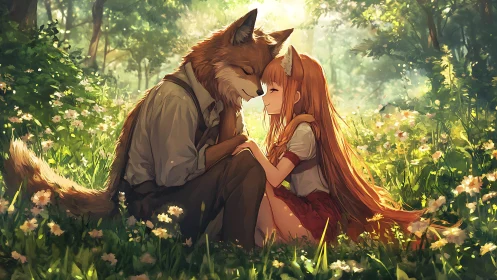 Fox-hearted lovers bask in a wildflower forest embrace.