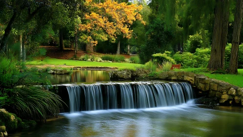 Whispering garden waterfall beneath autumn-kissed canopy.