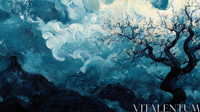 Storm-kissed blossom tree swirling beneath moonlit tides.