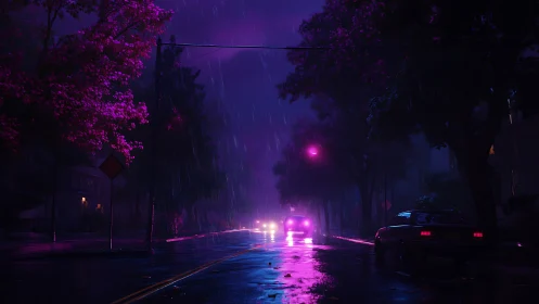 Neon-lit rainy boulevard under violet cinematic glow at night.