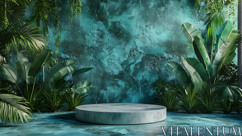 Cylindrical podium in tropical teal botanical stage design.