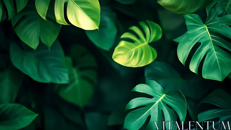 Lush monstera leaves glow softly in deep emerald shade