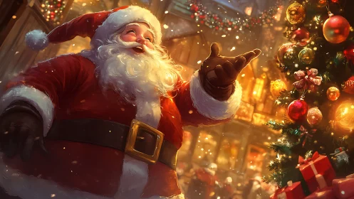 Santa basks in golden snowfall beside glowing Christmas tree.