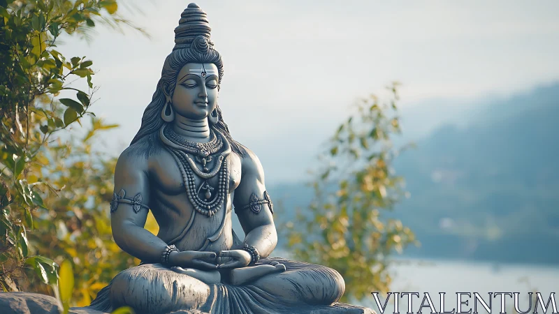 Mountain-quiet meditation around a serene stone deity.