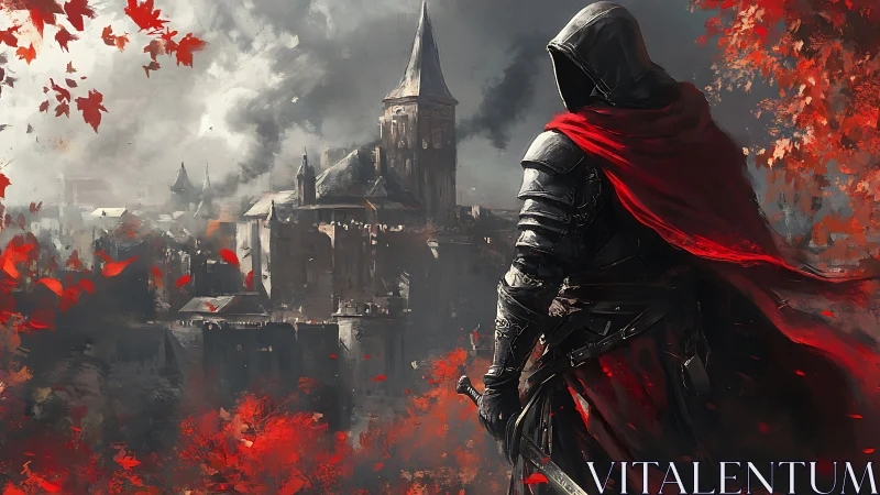 Armored hooded warrior overlooking medieval citadel.