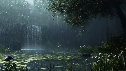 Rain-soaked forest waterfall over lily-dotted reflective pond.