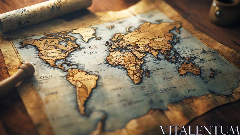 Photorealistic vintage world map on rustic wooden desk.