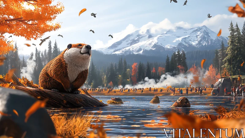 Autumn river otter close-up with festival crowd and peaks