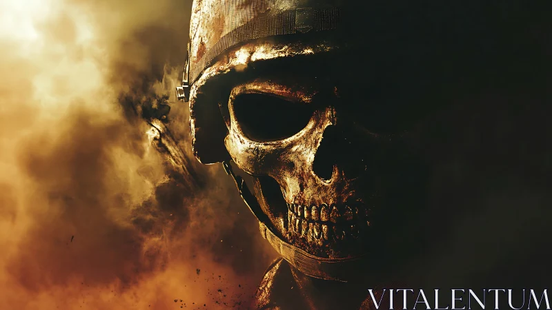 Burnished skull soldier emerging from molten battle smoke.