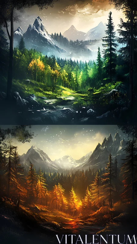Seasonal alpine valley diptych with dynamic chromatic lighting.