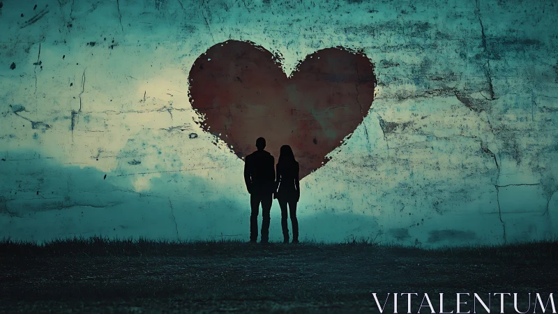 Two figures stand before heart on weathered turquoise wall.