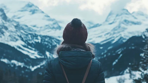Solitary hiker studies expansive snow-covered alpine mountainscape