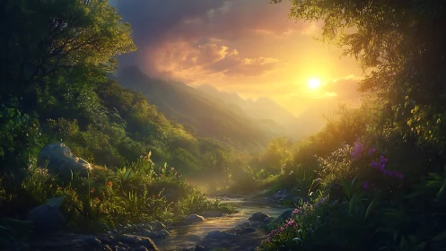 Digital painting sunset stream in luminous valley landscape.