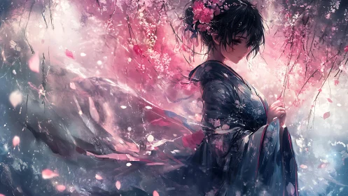 Midnight kimono drifts through storm of painted blossoms