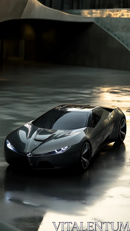 Low-slung graphite sports coupe with reflective wet-surface highlights