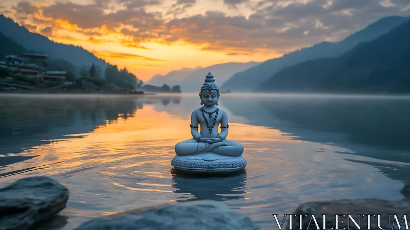 Buddha statue is centered on a reflective lake at sunset
