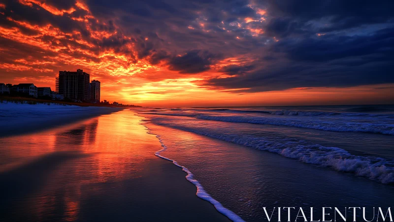 Urban shoreline sunset with reflective blazing tide trail.