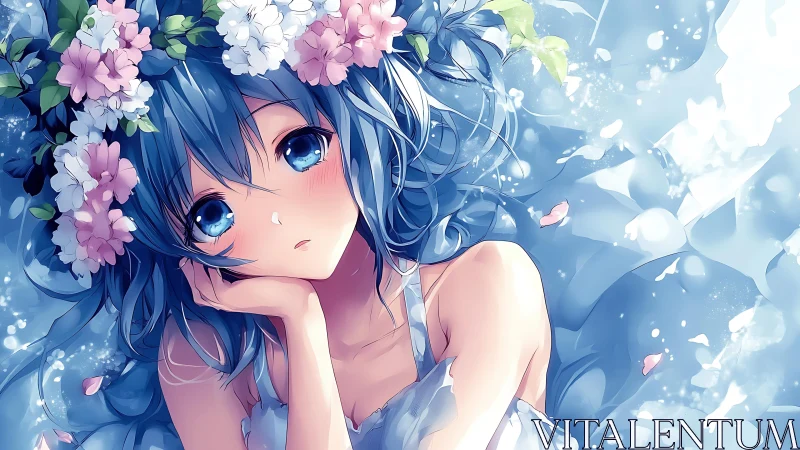 Blue haired anime girl lies among petals and floral crown