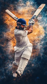 Cricket batsman explodes into action against cosmic backdrop