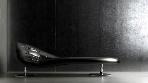 Curved black leather chaise on chrome base in minimal dark interior