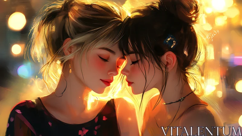 Two figures with luminescent styling in warm ambient lighting.