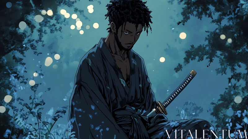 Midnight samurai rests quietly in a glowing forest dream