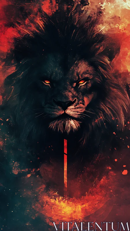 Digital painting of infernal lion portrait with fiery symmetry.