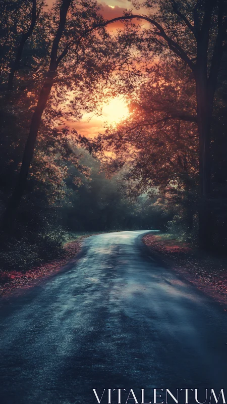 Forest pathway converges toward dramatic golden sunset through dense arching canopy