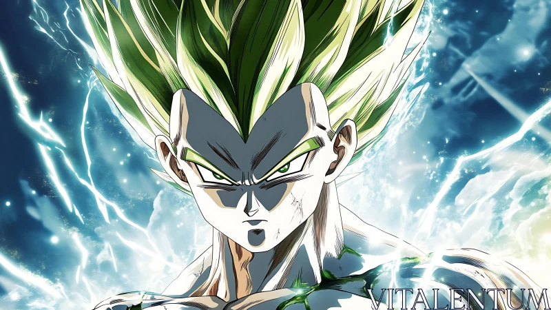 Intense green-haired anime warrior amid electric energy.