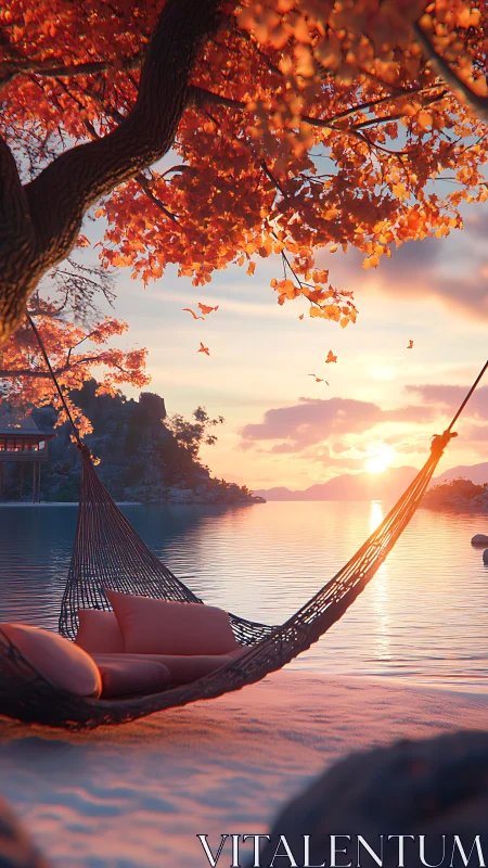 Autumn shoreline hammock under maple canopy at sunset glow