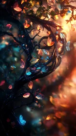Enchanted obsidian tree with luminous butterfly leaves.
